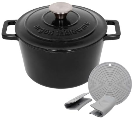 Argon Tableware Round Cast Iron Casserole Dish with Self-Basting Lid - 2.8L - Matt Black - 1x Induction Hob Cooking Dutch Oven Bread Baking Serving Roasting Stew Stock Pot Cookware Pan