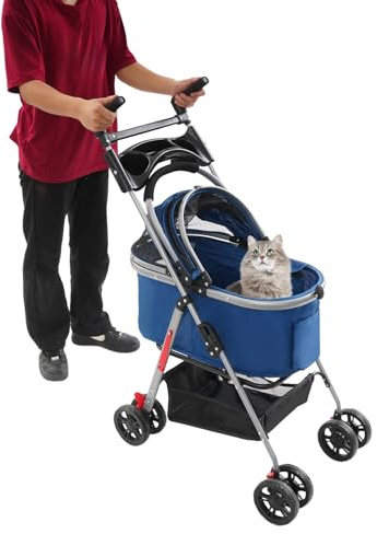 3-in-1 Klappbarer Hundebuggy bis 12 kg – Leichter Hundewagen mit Abnehmbarem Korb, Verstellbarem Griff & Luftdurchlässigem Design für Kleine Hunde und Katzen (Dunkelblau)