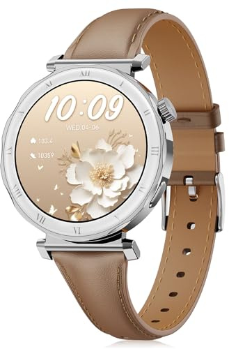 BOALZETD Smartwatch Damen - Eleganz im Kleinen mit 1,19 AMOLED Display & Schmalem Lederarmband, Fitnessuhr mit Schrittzähler, Sportmodi, Puls/SpO2/Schlafmonitor für iOS/Android, Silber/Braun