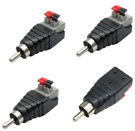 RCA to Speaker Wire Adapters, 4-Pack, Spring Press Phono Plug Connectors | RCA Male to AV 2 Screw Terminal Female, Solid Copper Path, Fast Loseless Transmission, for CCTV Home Audio