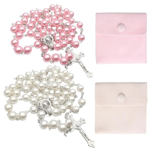 2 Stück 53cm Rosenkranz Katholisch Mit 2 Geschenkbeutel, Weiß Und Rosa Rosenkranz Kette Mit Kreuzen, Pearl Rosary Confirmation Gifts Perlen Rosenkränze für Taufe Hochzeit Party