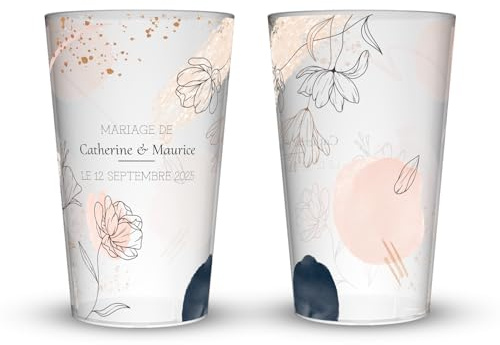 Wobz - Gobelet Personnalisé Mariage Moderne Champêtre - Impression Quadrichromie digitale - Fabriqué En France - Prénoms Et Date Personnalisables - 25 cl - Pack de 10, 25, 50, 100, 250 ou 500