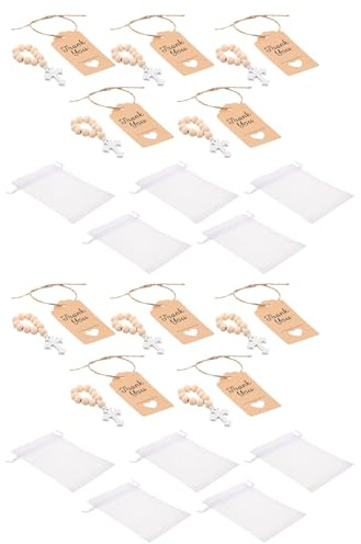 Ipetboom 10 Set Rosari Battesimali in Legno Massello Croce per Battesimo, Bomboniere Religiose Sacchetto in Organza, Regalo e Celebrazioni di Prima Comunione