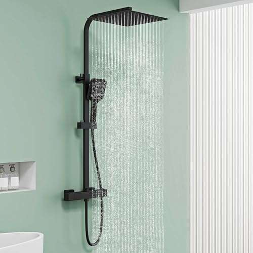 AICA Ensemble de Colonne de Douche Thermostatique pour Salle de Bain, avec pommeau de douche 30x30 cm,Robinet de Douche Thermostatique, Laiton, Chromé, Hauteur Réglable 725 mm-1175 mm (Carré 2)