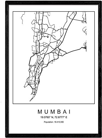 Nacnic Lama Mumbai Mappa della Città in Stile Nordico in Bianco e Nero. A3 Formato della Carta Stampata No 250 gr. Dipinti, Stampe e manifesti per Soggiorno e Camera da Letto