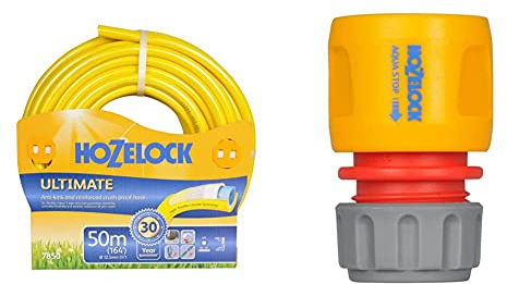 Hozelock 7850P0000 Ultimate Hose, 50 m, Yellow and 2185P9000 AquaStop Connector (12.5mm & 15mm), Grey, Orange, Red
