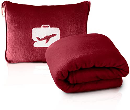 EverSnug Coperta da viaggio e cuscino, coperta 2 in 1 con aeroplano, morbida, con federa morbida, custodia per bagaglio a mano e clip per zaino (bordeaux)