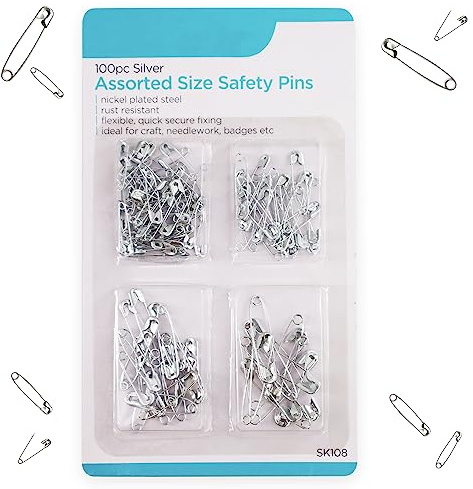 100 Safety Pins, Assorted Sizes, Rust Resistant Nickel Plated Steel Pin Kit, 55mm, 45mm, 37mm, 30mm, 18, Perfect for Securing Clothing, DIY Jewellery, Pinning & Hemming, Dressmaking and Sewing