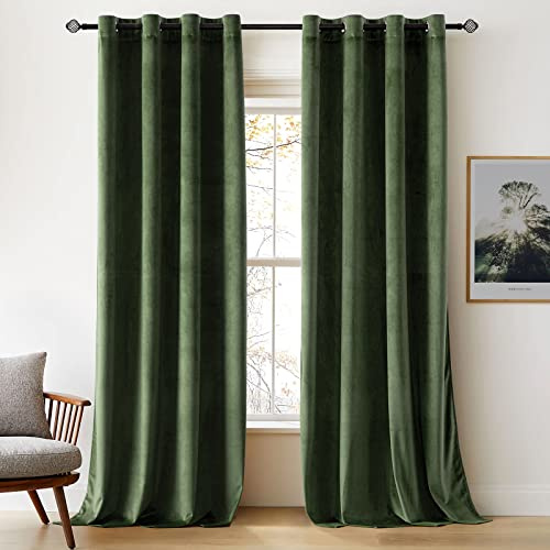 Woaboy Velvet Curtains 90 Drop Olive Green Curtain for Living Room Thermal Blackout for Bedroom Luxury Eyelet Drapes Soft Window Treatment Insulated Soundproof & Room Darkening W 66 x L 90 2 Panels
