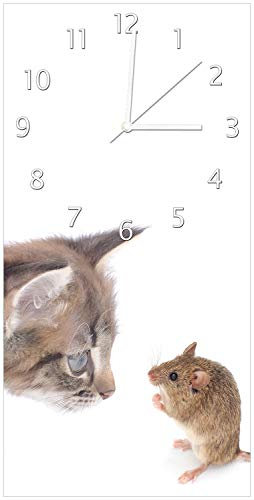 Wallario Design-Wanduhr Katze und Maus beim Spielen - weißer Hintergrund aus Glas, Motiv-Uhr Größe 30 x 60 cm, weiße Zeiger