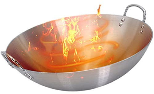 OQHAIR Wok de Acero Inoxidable de Doble Oreja extragrueso, no magnético, trefilado y Pulido, 34 70 cm, Fondo Redondo, sin Recubrimiento, Antiadherente, para cocinas de Hotel, Puestos de c