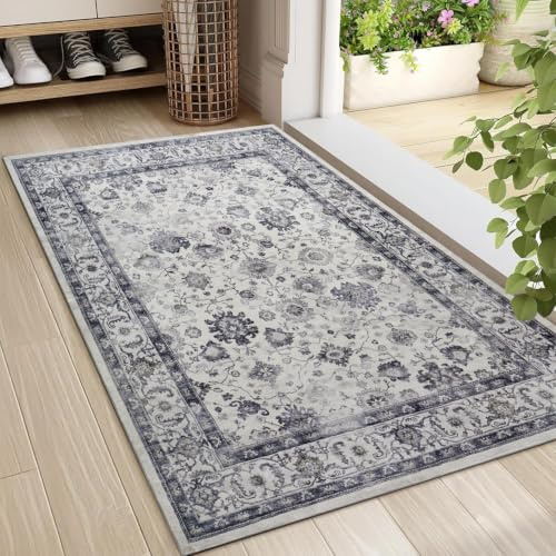 Imperial Rooms Washable Rugs Living Room 80x150 cm – Soft Short Pile Grey Area Rugs For Bedroom Dining Room Non Slip Carpet Bedside Rug Traditional Floral Design Vintage Boho Cashmere Rug, Serene