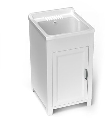 Avilia Lavatoio ad Anta Singola - Lavandino per Lavaggio Capi a Mano, con Kit Sifoni, per Uso Interno ed Esterno, in Resina, 45x50x85cm, Bianco