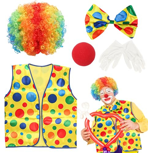 Phlognfy Costume de clown pour adulte, costume de clown de cirque, avec perruque, nez, gants, cravate, gilet, pour Halloween, carnaval, cirque, accessoire de fête