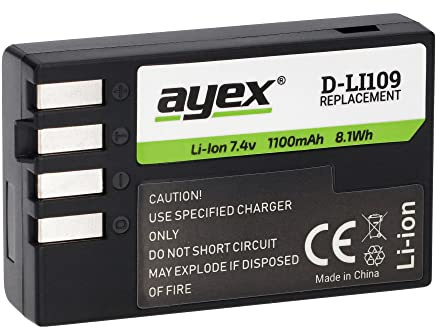 ayex D-Li109 Akku Kompatibel mit Pentax zB K-30 K-S2 K-S1 K-500 K-50 K-R Funktioniert mit original Ladegeräten langlebig & zuverlässig