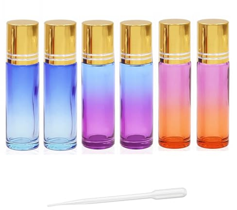 JamHooDirect Glass Roller Bottles 6Pcs 10ml Gradient Color Refillable Container Roller On Bottles for Essential Oils, Aromatherapy, with Bottle Opener & 3Ml Dropper, Ideal for Home and Travel Use