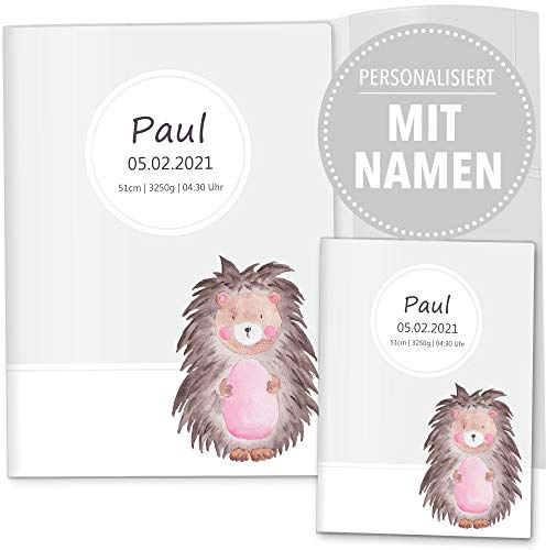 OLGS U-Heft und Impfpasshüllen 3-teilig Set Waldtiere Untersuchungsheft Hülle & Impfpasshülle personalisierbar mit eigenem Namen und Geburtsdatum (U-Heft Hüllen Set 3-teilig personalisiert, Igel)