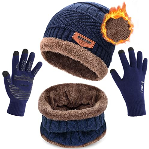 Petrunup Wintermütze Nackenwärmer und Handschuhe Set Slouch Beanie Snood Schal Touchscreen Handschuhe Herren Damen Dunkelblau