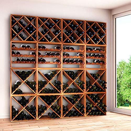 Cave à Vin Modulable Cube 50 – Rack Murale 320 Bouteilles – Système Composable en Bois Massif FSC® – Set 16 Modules (8X+4 Standard+4 Rombo) – Couleur Noyer – Dim. 200x200x25 cm