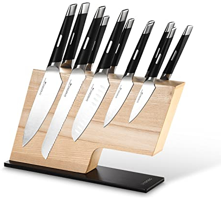 Linoroso Wooden Magnetic Knife Block Without Knives | Extra Large Double Sided Knives Storage | 12 Knives Fitted | Black Oxide Stainless Steel Base Kitchen Knifes Stand