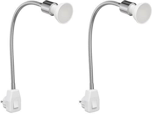 ledscom.de 2 Stück Steckdosenlampe LESCH Leselampe Schwanenhals, Schalter, Chrom inkl. GU10 LED Lampe 4,888W 450lm 100° weiß