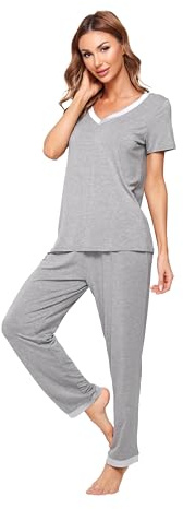 WiWi Conjunto de pijama de viscosa de bambú para mujer, suave cuello en V, camiseta de manga corta con pantalón, ligero, S-3X, A-gris jaspeado., S