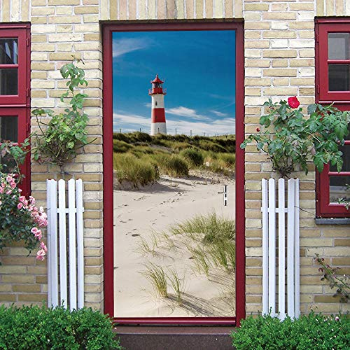 TMANQ Türtapete Selbstklebend Türposter Strand Leuchtturm Landschaft 3D Bewirken Fototapete Türfolie Poster Tapete Abnehmbar Wandtapete Für Wohnzimmer Küche Schlafzimmer 77X200Cm Wandbild Wohnkultur