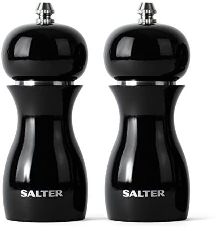 Salter 7613 BKXR Salt & Pepper Grinder Set - Spice Mills, High Gloss Mechanical Seasoning Pots, Twist to Grind, Adjustable Fine to Coarse, Retro, 26g Salt/13g Pepper, Black Condiment Set, 14cm