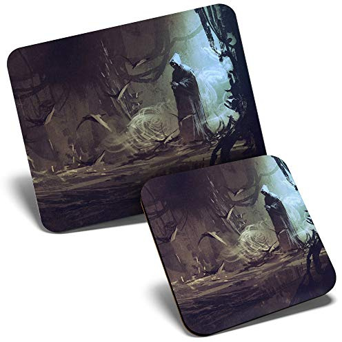 Mouse Mat & Coaster Set - Creepy Grim Reaper Horror Fantasy 23.5 x 19.6 cm & 9 x 9 cm for Computer & Laptop, Office, Gift, Non-slip Base #14097