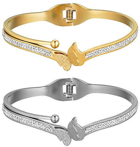 JewelryWe Schmuck 2pcs Armreif Damen Schmetterling Zirkonia Edelstahl Armband Armspange mit Gravur Geschenk für Frauen Mädchen Muttertag Valentinstag Silber Gold