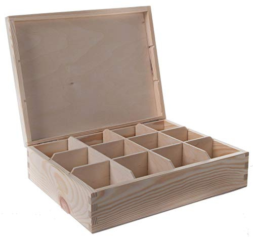 Holz Dekokiste mit 12 Fächern | 29,5 x 22,5 x 8 cm | Zubehör Aufbewahrungskoffer Teebeutel Nähen Schmuck Organizer Teilung | Natur Unlackiert & Unbehandelt Holz zum Basteln