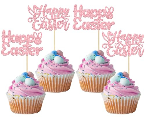 Gyufise Easter Bunny Cupcake Toppers Pink Glitter Easter Cake Toppers Happy Easter Cake Decorations For Easter Theme Spring Birthday Babyshower Party Decorations 24Pcs