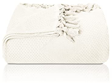 LAYNENBURG Premium Tagesdecke mit handgeknüpften Fransen - 100% Baumwolle - 180 x 220 cm - Waffelpique Sommerdecke - Baumwolldecke als Bett-Überwurf, Couch-Überwurf & Sofa-Decke (Naturell)