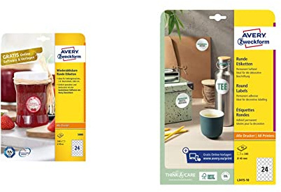 AVERY Zweckform Marmeladenetiketten Art. 5080 (240 Aufkleber ablösbar, Ø 40mm auf A4, rund, für Gewürz oder Einmachgläser) 10 Blatt weiß & Runde Etiketten L3415-10 (240 Aufkleber auf 10 Blatt) weiß