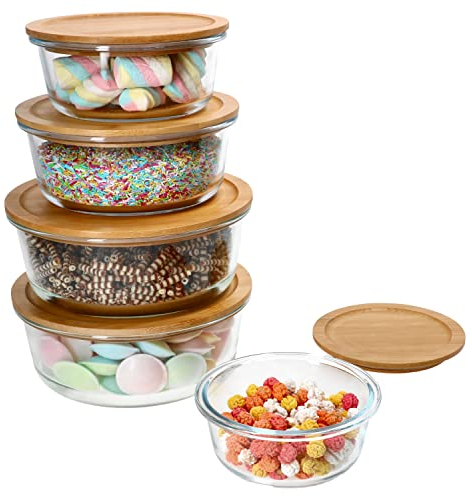 Ritzenhoff & Breker Esperanza Lot de 5 boîtes à provisions Rondes avec Couvercle en Bois 2 x 1,25 l, 1 x 900 ML, 1 x 620 ML et 1 x 300 ML Couvercle en Bambou avec Bol en Verre Boîte à charcuterie