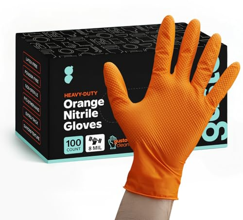 GUSTO [100 Count 8 Mil Disposable Orange Nitrile Gloves HEAVY DUTY, Industrial, Diamond Texture - Medium (Formerly Comfy Package)