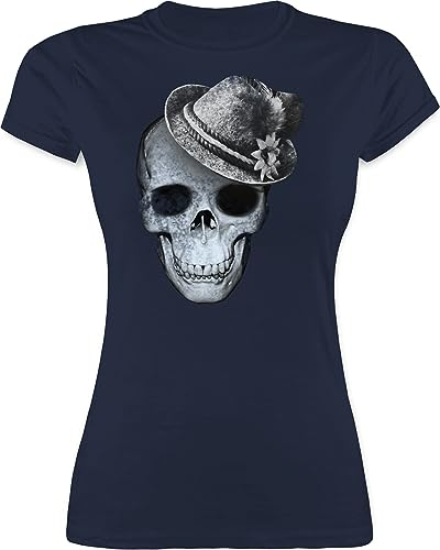 Shirt Damen - Kompatibel Oktoberfest - Totenkopf mit Filzhut - XL - Navy Blau - trachtenshirts trachtenshirt bayrische Skull Funshirts für Frauen trachtentshirt Trachten t Shirts bayrisch bayernhut