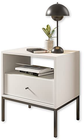 Stella Trading Nachttisch mit Metallgestell, Weiß - Moderner Nachtschrank mit Schublade und offenem Ablagefach - 54 x 57 x 39 cm (B/H/T)