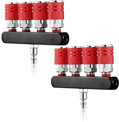 Peryiter 2 Pcs 4 Way Straight Air Compressor Manifold Air Hose Splitter 5 Ports 1/4 in NPT Quick Connect Fittings Kit Accessories Swivel 360 Degrees Connectors(Red)