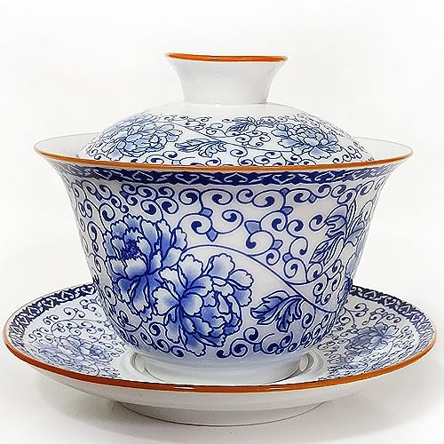 NIUKOMY Gaiwan, Cinese Tazza da Tè in Porcellana, Tazza da Tè Kung Fu in Ceramica con Coperchio e Piattino, Taza da Motivo Floreale, Peonia 200ML