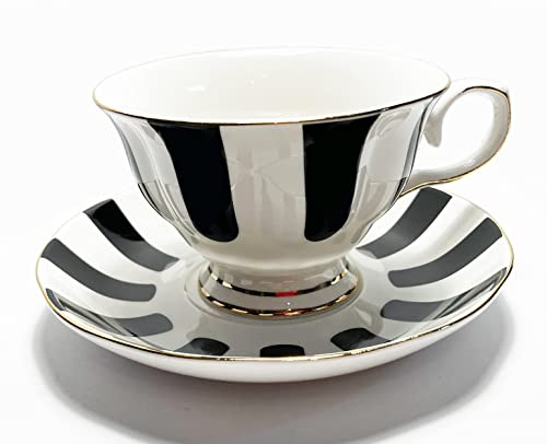 Mazeology Juego de taza de té y platillo de porcelana con rayas verticales en blanco y negro, un elegante complemento para tu colección de tazas de té y café.