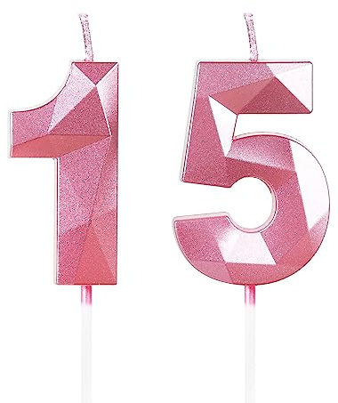 Yiran Candele di compleanno, Candele con numeri da 5cm, Candela numero 15, Candele in rosa, 3D forma di diamante, Candele di compleanno per torta, Candele per torte, decorazioni per feste (Numero 15)