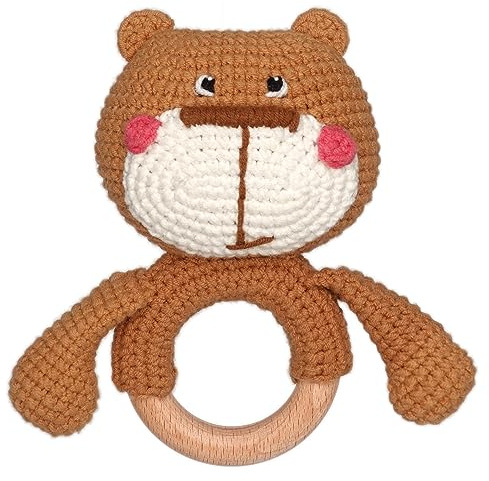 DICHA Baby Rassel-Häkel-Rassel aus Holz, Säuglingsrassel, sensorische Entwicklung, Holzspielzeug-Set,Bär