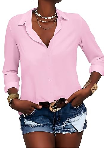 Zitiki Blusa de Mujer con Cuello en V, Camisa con Botones, Manga Larga, Gasa, Oficina, Informal, Tops de Negocios, Rosa., XL