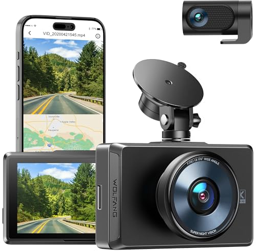 WOLFANG Doppia Dashcam, Dash Cam Auto 4K Full HD WiFi Telecamera con Pantalla Táctil IPS da 3, 24H Monitor di Parcheggio, Visione Notturna,WDR, G-Sensor,Registrazione in Loop, Max 256G