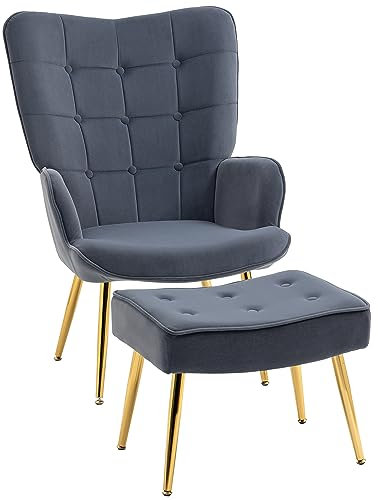HOMCOM Modern Armchair with Footstool, Upholstered Accent Chair with Ottoman, Steel Legs, Velvet Wingback Chair for Living Room, Bedroom, Home Study, Dark Grey