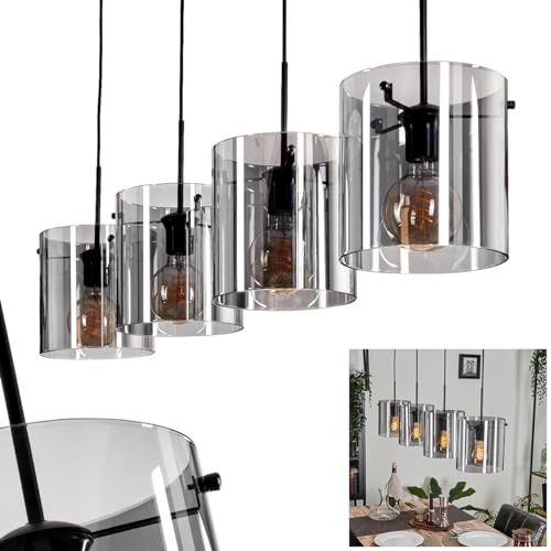Hängeleuchte Parane, Hängelampe aus Metall/Glas in Schwarz/Rauchfarben, Leuchte im Vintage/Retro Design mit Schirmen aus Glas (Ø 20 cm), Höhe max. 147 cm, 4 x E27, ohne Leuchtmittel