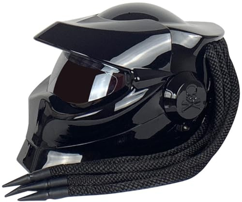 Motorrad-Integralhelm Integrierter Zöpfe Und Warnlichter ECE-Zugelassen Individuell Anpassbarer Motorradhelm Für Erwachsene Straßen-Offroad Männer Frauen Gloss Black,XL