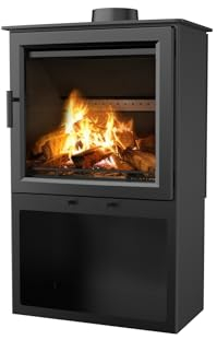 Oskar Kaminofen - Effiziente Wärmequelle mit Gusseisenoberfläche | Langanhaltende Wärme (Rechteckig 5,1 KW, Schwarz mit Holzlagerfach