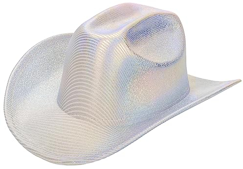 Vikodah Silver Space Holografischer Cowgirl-Hut – Western-Cowboyhut für Strandparty, Musikfestival, Verkleiden (S/M), Holografische Silber-Krone, M